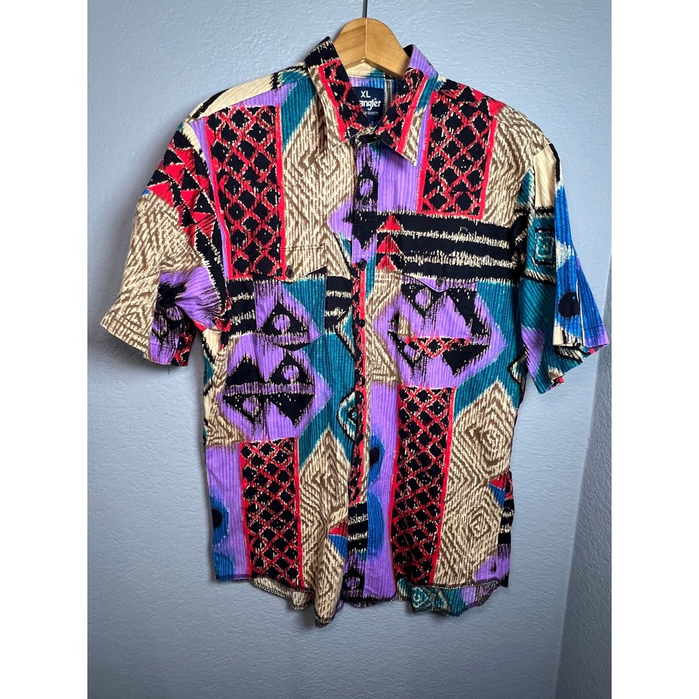 Wrangler Westerncore Rodeo Shirt Mens XL Multi Color Geometric Tribal Print 90s